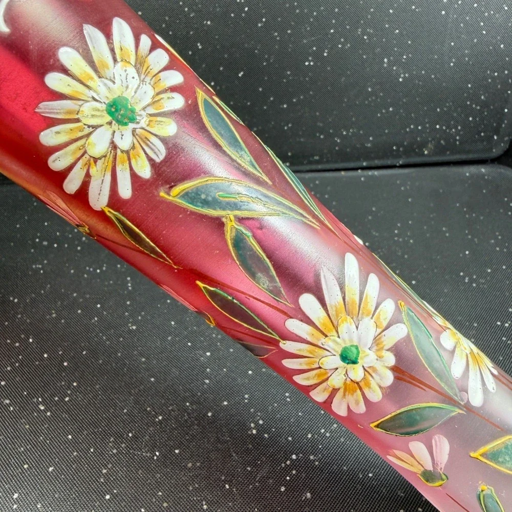 Satin Rubina Bohemian Cranberry Frosted Glass Enameled Daisy Vase 11.5 Inch